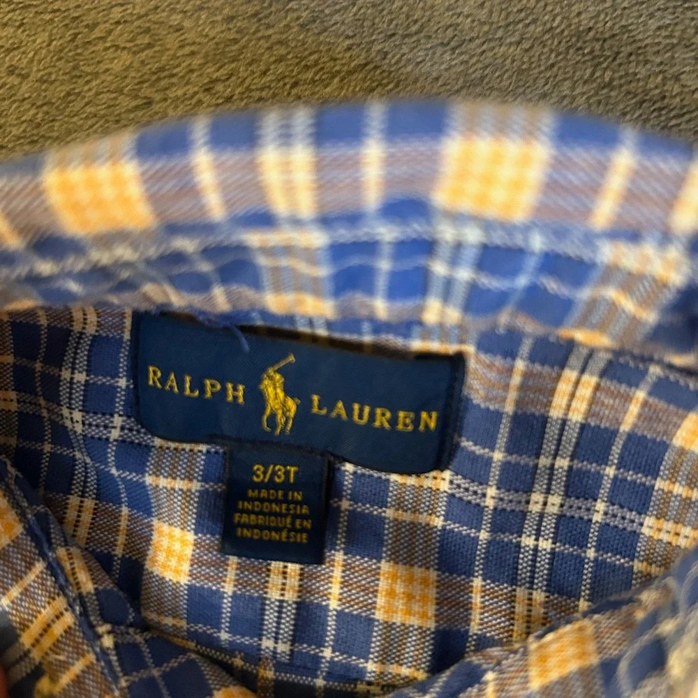 Ralph Lauren Plaid Button Down Shirt Kids 3T Blue Yellow Long Sleeve